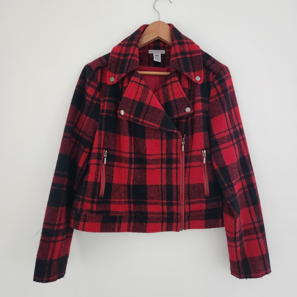 Plaid Red and Black Women's Zipper Short Jacket Wool, Pockets